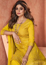 Load image into Gallery viewer, Pineapple Yellow Embroidered Georgette Plazzo Suit