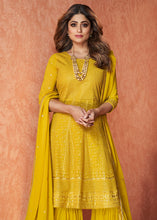 Load image into Gallery viewer, Pineapple Yellow Embroidered Georgette Plazzo Suit