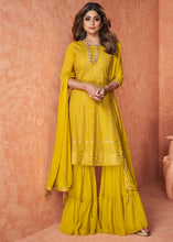 Load image into Gallery viewer, Pineapple Yellow Embroidered Georgette Plazzo Suit