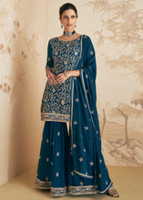 Load image into Gallery viewer, Prussian Blue Embroidered Georgette Plazzo Suit