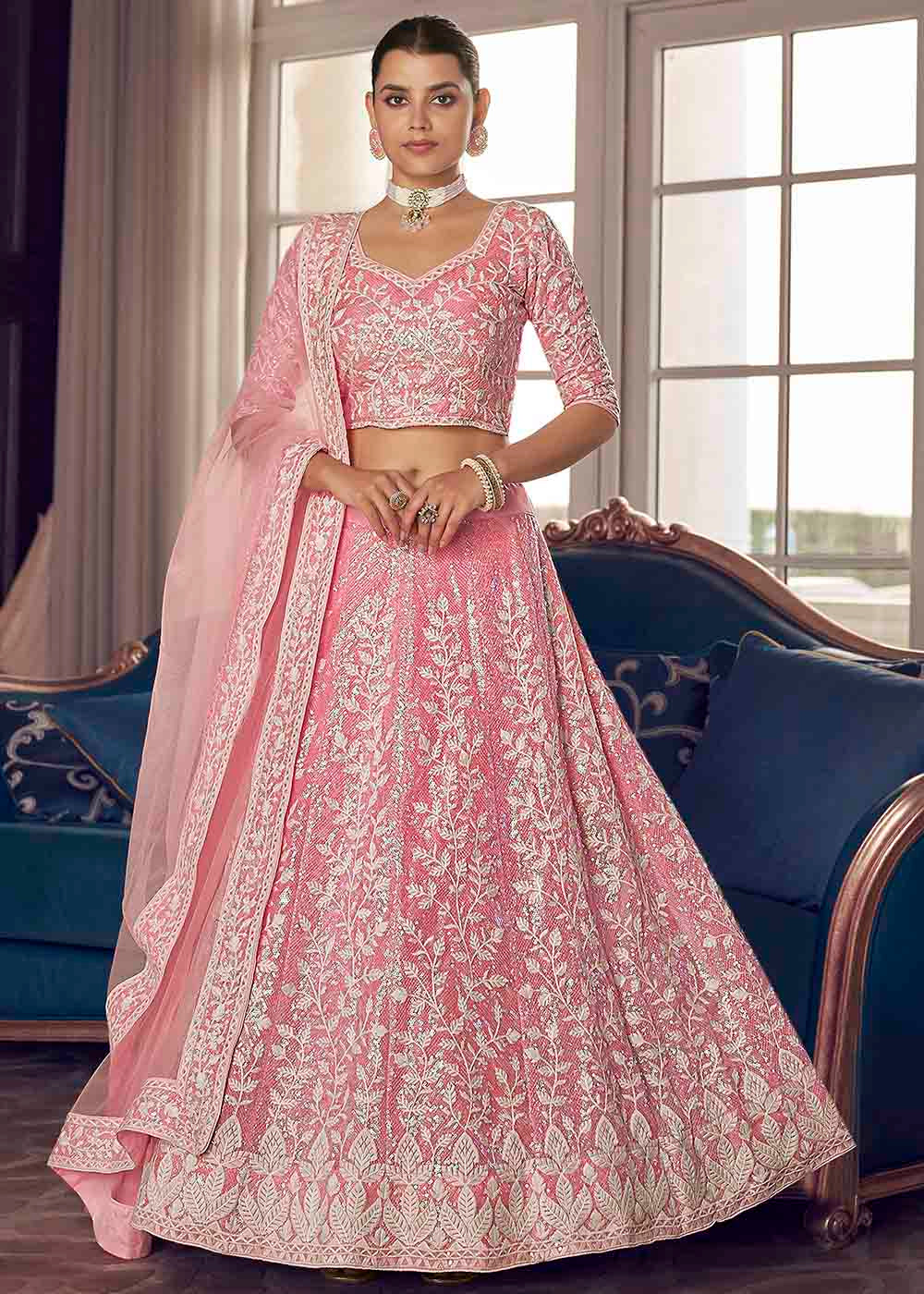 Flamingo Pink Organza Lehenga Choli with Sequins & Thread work