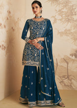 Load image into Gallery viewer, Prussian Blue Embroidered Georgette Plazzo Suit