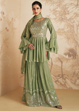 Load image into Gallery viewer, Pistachio Green Embroidered Georgette Plazzo Suit