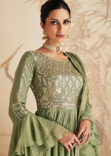 Load image into Gallery viewer, Pistachio Green Embroidered Georgette Plazzo Suit