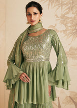 Load image into Gallery viewer, Pistachio Green Embroidered Georgette Plazzo Suit