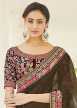 Load image into Gallery viewer, Army Green Designer Organza Saree with Thread &amp; Zari work
