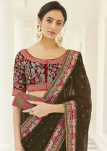 Load image into Gallery viewer, Army Green Designer Organza Saree with Thread &amp; Zari work