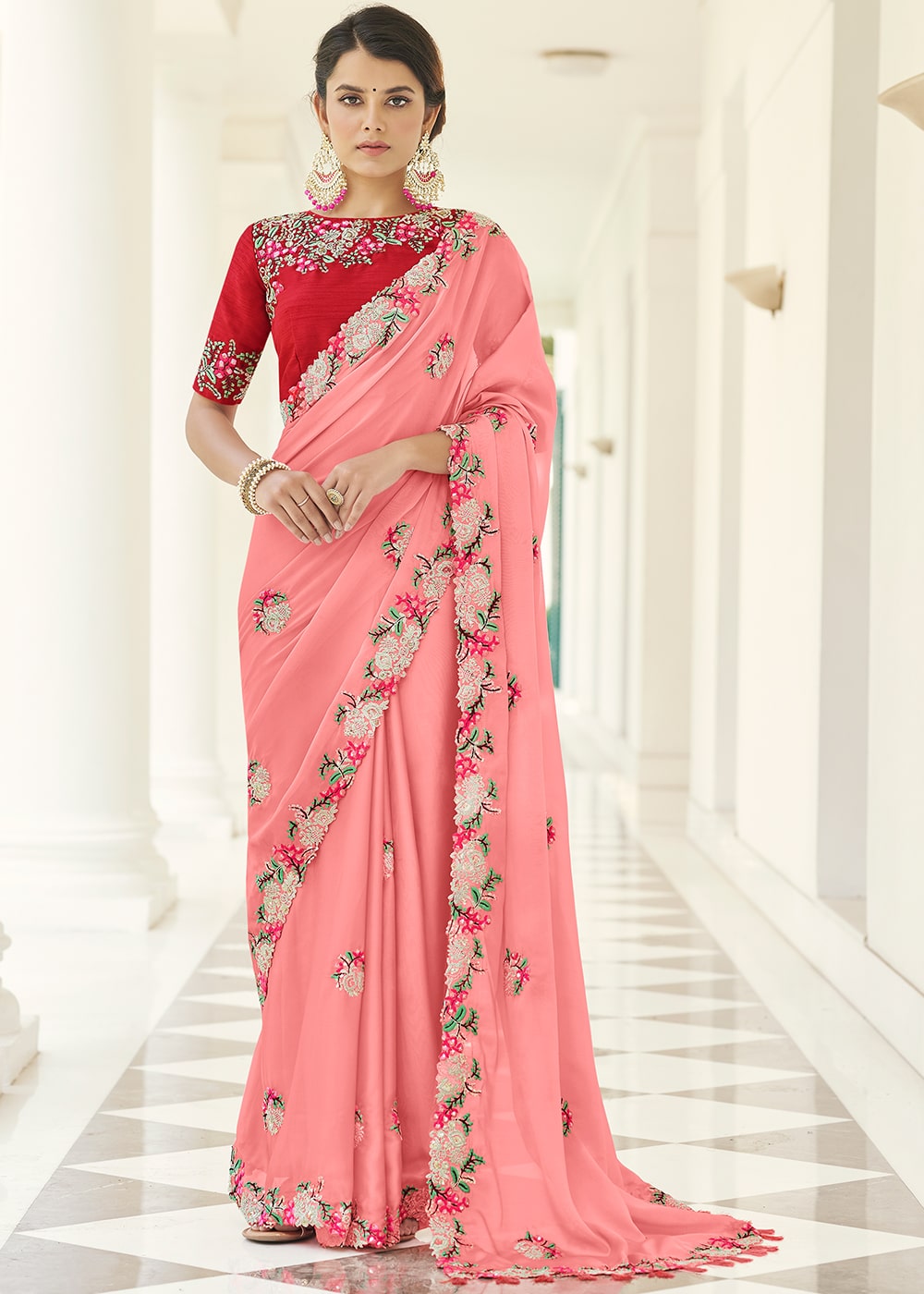 Mauvelous Pink Designer Georgette Saree with Thread & Dori work