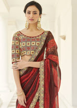 Load image into Gallery viewer, Brown &amp; Red Designer Organza Saree with Thread &amp; Gota work