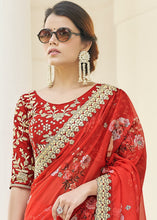 Load image into Gallery viewer, Rufous Red Designer Printed Organza Saree with Zari work