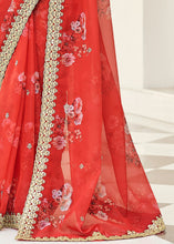 Load image into Gallery viewer, Rufous Red Designer Printed Organza Saree with Zari work
