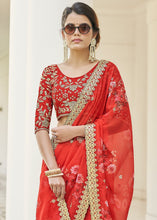 Load image into Gallery viewer, Rufous Red Designer Printed Organza Saree with Zari work