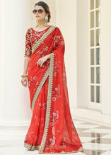 Load image into Gallery viewer, Rufous Red Designer Printed Organza Saree with Zari work