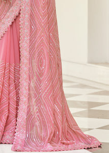 Flamingo Pink Designer Georgette Saree with Thread,Sequins & Zari work