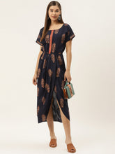 Load image into Gallery viewer, Gold Block Print Front Pleated side cowl dress