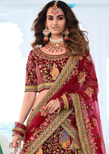 Load image into Gallery viewer, Maroon Red Heavy Embroidered Velvet Lehenga