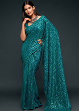 Laden Sie das Bild in den Galerie-Viewer, Dark Teal Blue Sequins &amp; Thread Embroidered Designer Georgette Saree