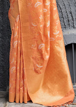 Load image into Gallery viewer, Apricot Orange Banarasi Silk Floral Motif Saree with Golden Border and Pallu