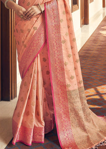 Peach Pink Zari Woven Tussar Silk Saree