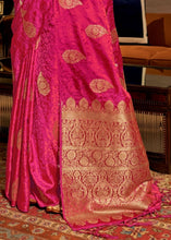 Load image into Gallery viewer, Ruby Pink Satin Woven Silk Saree with overall Golden Buti