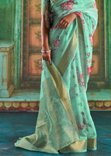 Laden Sie das Bild in den Galerie-Viewer, Caribbean Green Zari Woven Linen Silk Saree Having Floral Digital Print