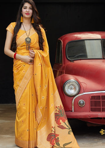 Mustard Silk Saree with Golden Zari Border