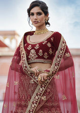 Laden Sie das Bild in den Galerie-Viewer, Maroon Red Velvet Lehenga Choli Having Heavy Embroidery &amp; Hand work: Bridal Edition