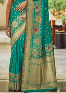 Tiffany Blue Zari Butta Woven Banasari Silk Saree