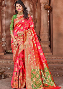 Peach Pink Zari Woven Soft Silk Saree with overall Butti work