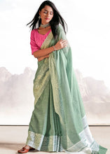 Cargar imagen en el visor de la galería, Viridian Green Soft Linen Silk Saree with Lucknowi work and Sequence Blouse