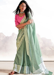 Viridian Green Soft Linen Silk Saree with Lucknowi work and Sequence Blouse