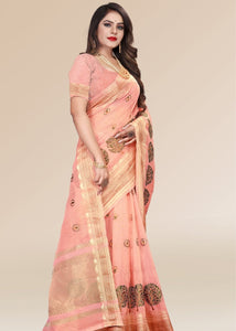 Creamy Pink Organza Silk Saree with Tassels on Pallu