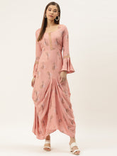 Load image into Gallery viewer, Bell sleeve printed long dress with front drape