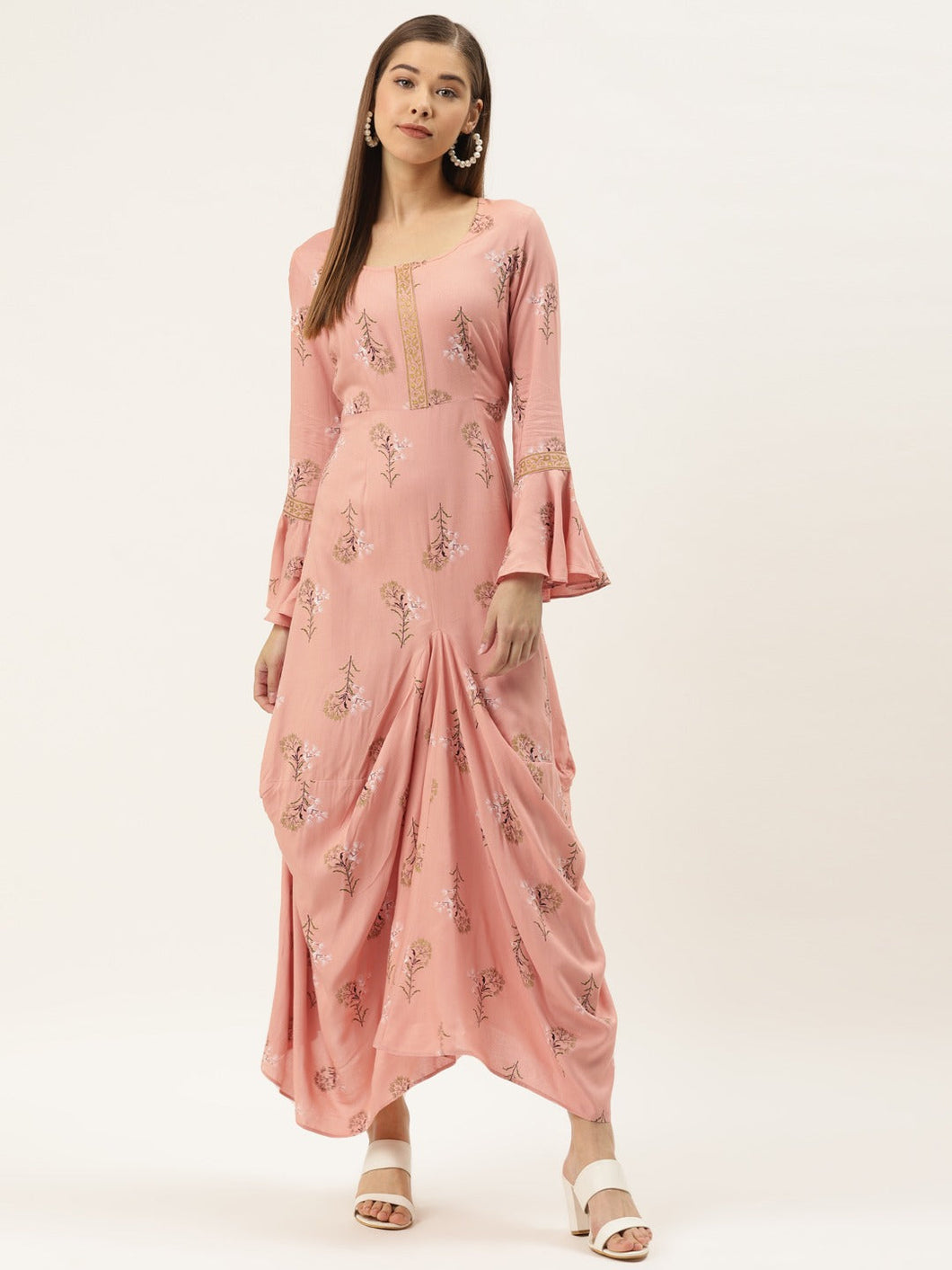 Bell sleeve printed long dress with front drape