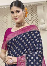 Load image into Gallery viewer, Denim Blue Zari Woven Georgette Saree with Overall Butti work