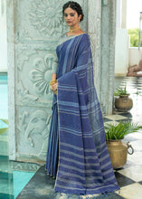 Load image into Gallery viewer, Capri Blue Linen Saree having Zari Woven Stripes