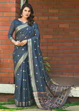 Load image into Gallery viewer, Space Blue Woven Cotton Saree with Butti Overall