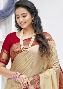 Beige Brown Zari Woven Soft Banarasi Silk Saree with overall Butti