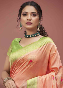 Peach Pink Zari Woven Silk Saree with Contrast Pallu & Border