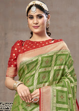 Load image into Gallery viewer, Fern Green Zari Woven Banarasi Silk Saree with Contrast Pallu &amp; Blouse