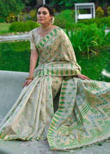 Load image into Gallery viewer, Green &amp; Cream Zari Woven Floral Tussar Silk Saree