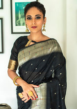 Load image into Gallery viewer, Pitch Black Zari Woven Tussar Silk Saree having Paithani Design Pallu