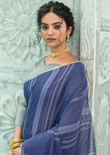 Load image into Gallery viewer, Capri Blue Linen Saree having Zari Woven Stripes