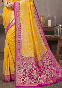 Golden Yellow Zari Woven Silk Saree with Contrast Pallu & Border