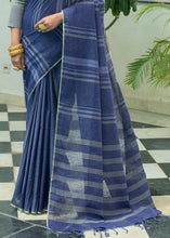 Load image into Gallery viewer, Capri Blue Linen Saree having Zari Woven Stripes