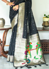Load image into Gallery viewer, Pitch Black Zari Woven Tussar Silk Saree having Paithani Design Pallu