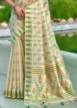 Load image into Gallery viewer, Green &amp; Cream Zari Woven Floral Tussar Silk Saree