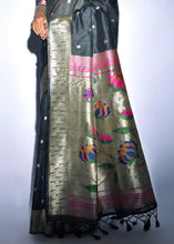 Load image into Gallery viewer, Midnight Black Zari Woven Paithani Tussar Silk Saree