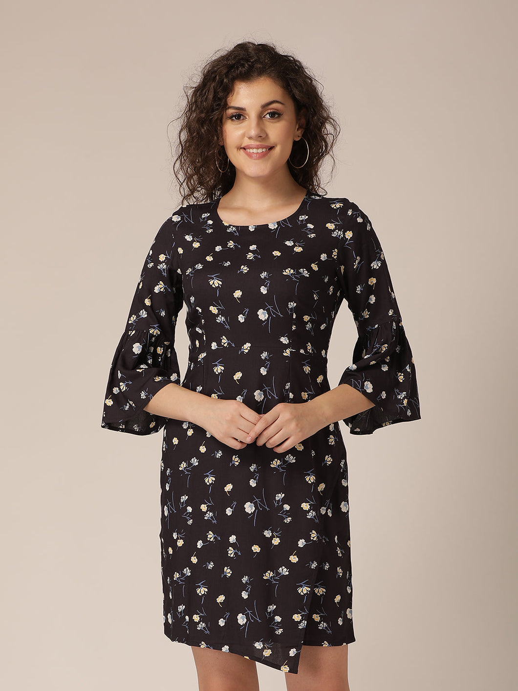 Bell sleeve overlap shift dress
