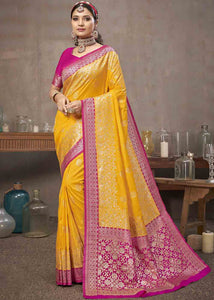 Golden Yellow Zari Woven Silk Saree with Contrast Pallu & Border